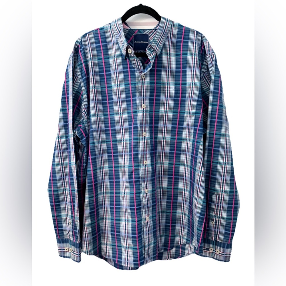Tommy Bahama Men’s XL Button Down Shirt Plaid Blue Pink Cotton Silk Blend Casual